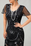 Black Silver Fringed Sequins 1920s Dress with 20s Accessories Set