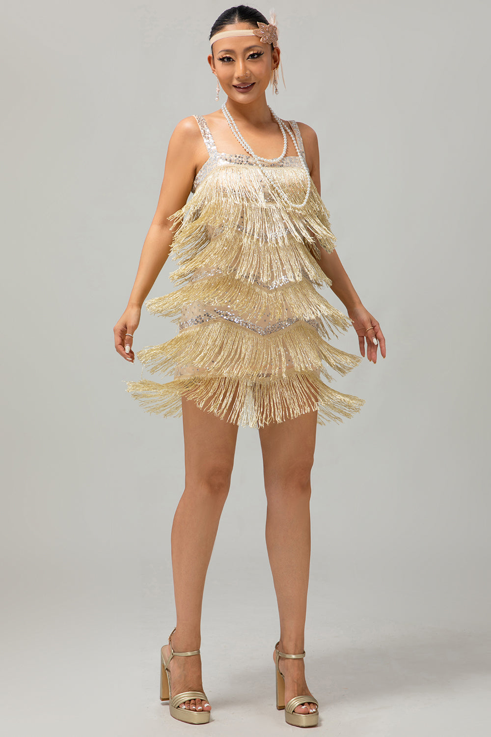 Sparkly Champagne Fringe 1920s Dress with 5-Piece Accessories Set