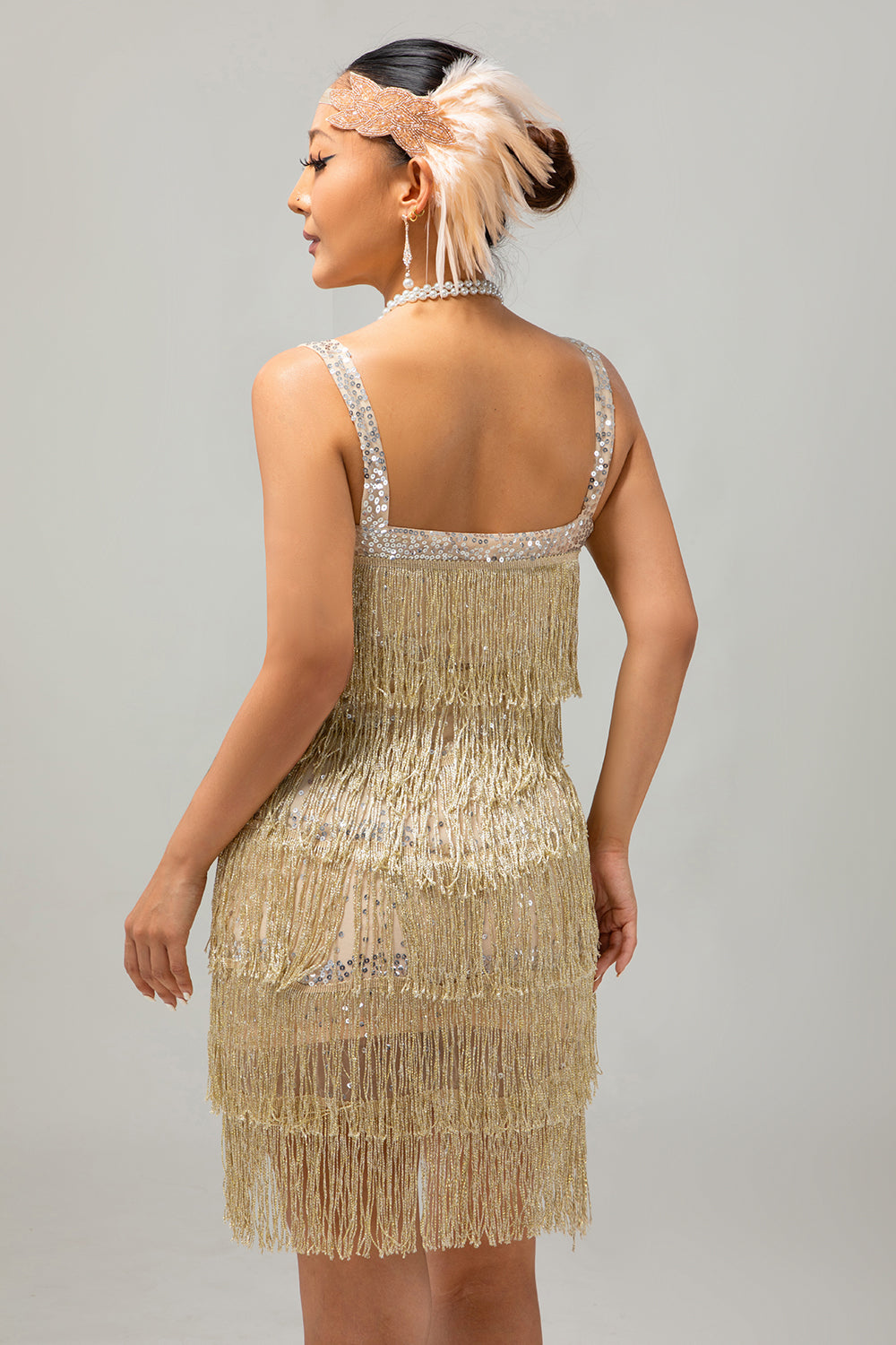 Sparkly Champagne Fringe 1920s Dress with 5-Piece Accessories Set