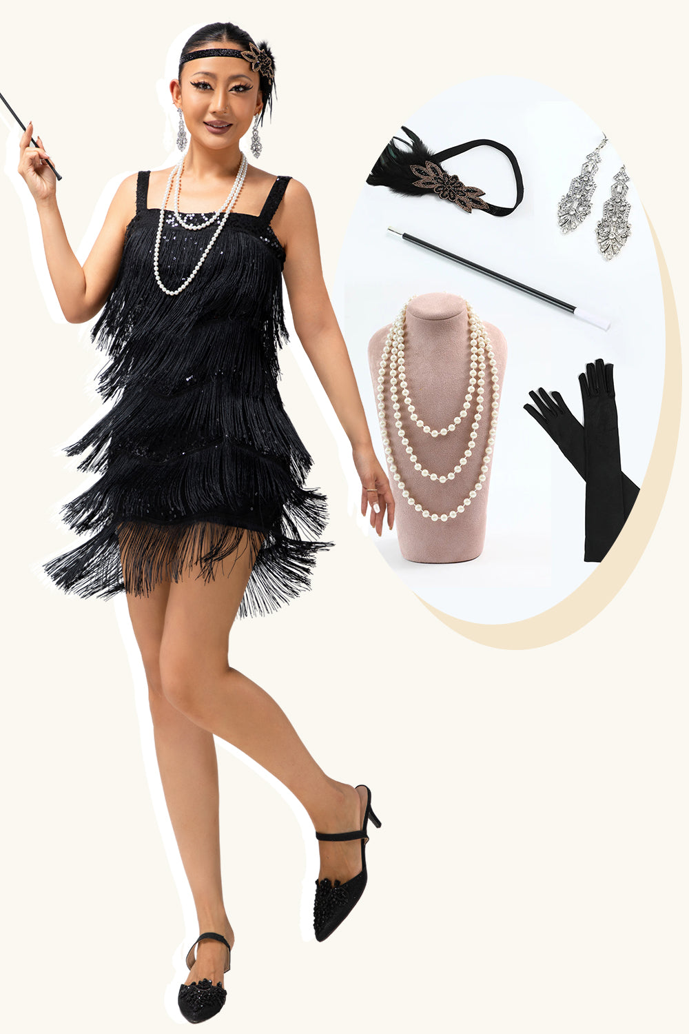 Sparkly Black Fringe Bodycon 1920s Dress with 5-Piece Accessories Set