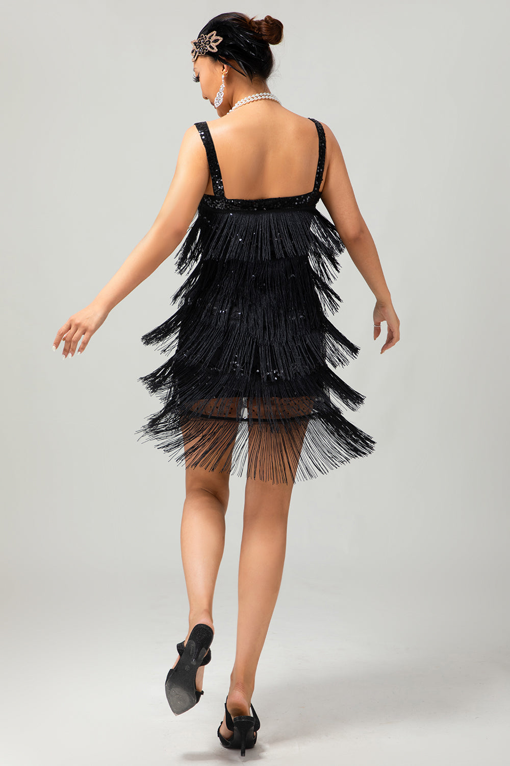 Sparkly Black Fringe Bodycon 1920s Dress with 5-Piece Accessories Set