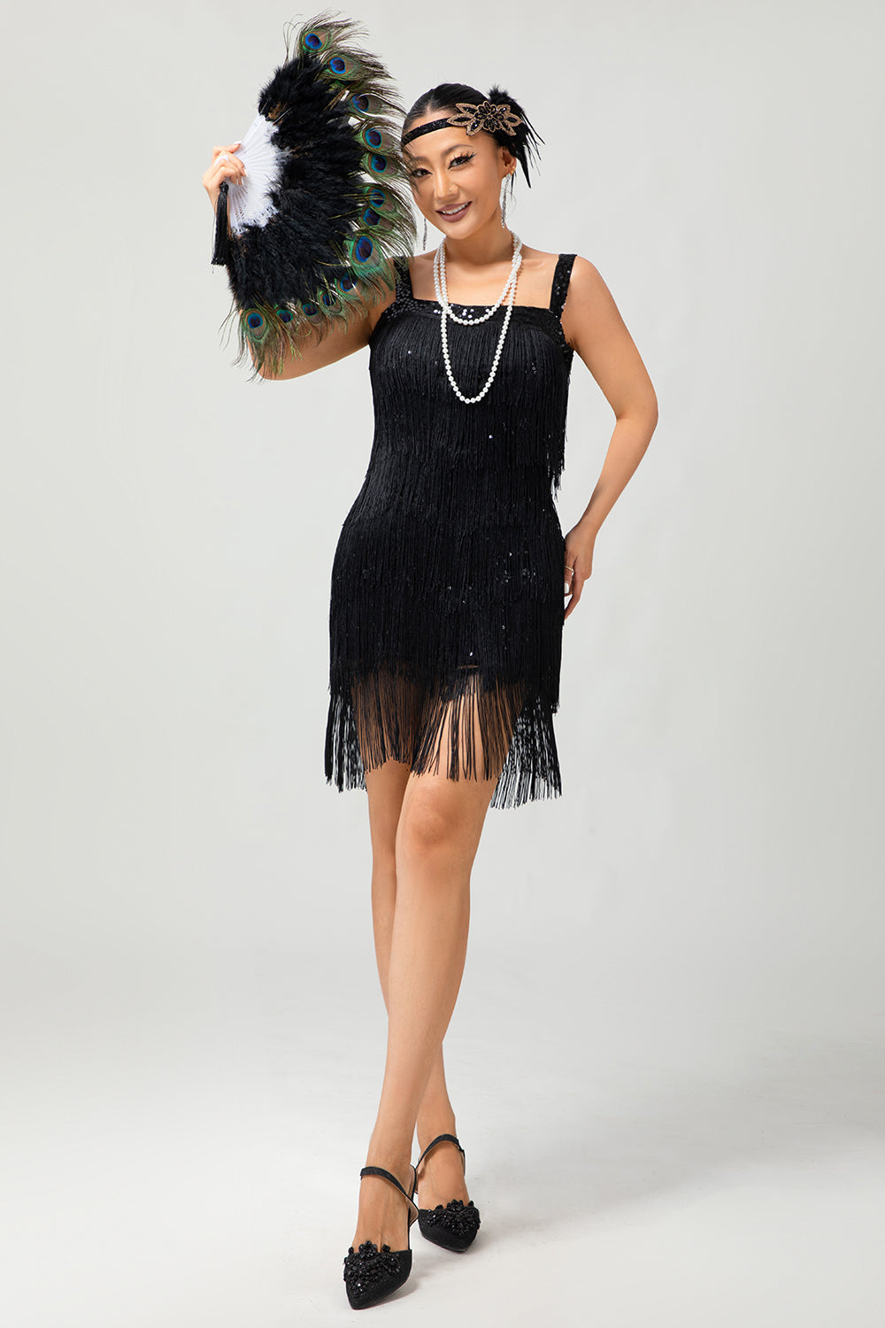 Sparkly Black Fringe Bodycon 1920s Dress with 5-Piece Accessories Set
