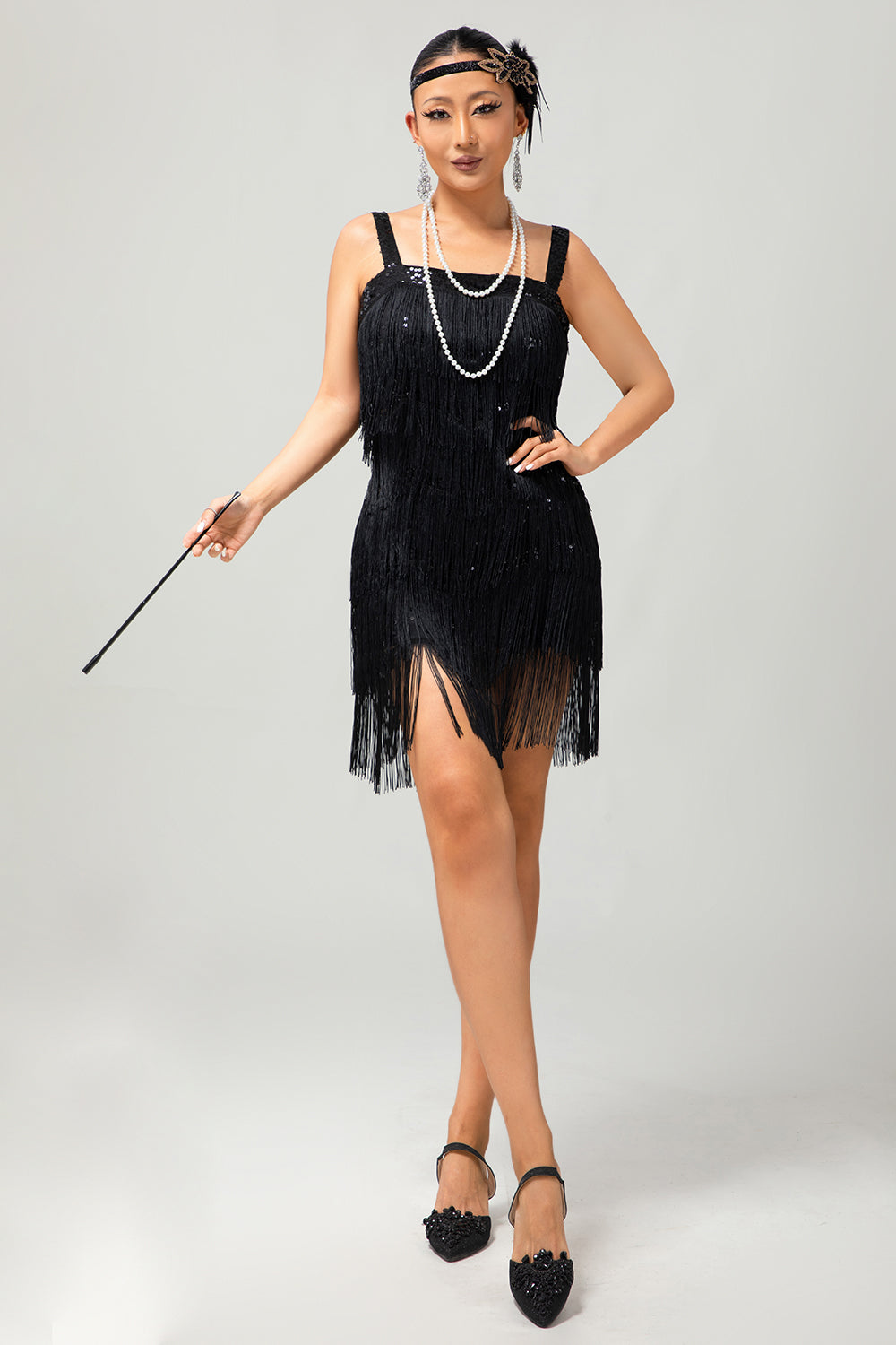 Sparkly Black Fringe Bodycon 1920s Dress with 5-Piece Accessories Set