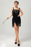 Sparkly Black Fringe Bodycon 1920s Dress with 5-Piece Accessories Set