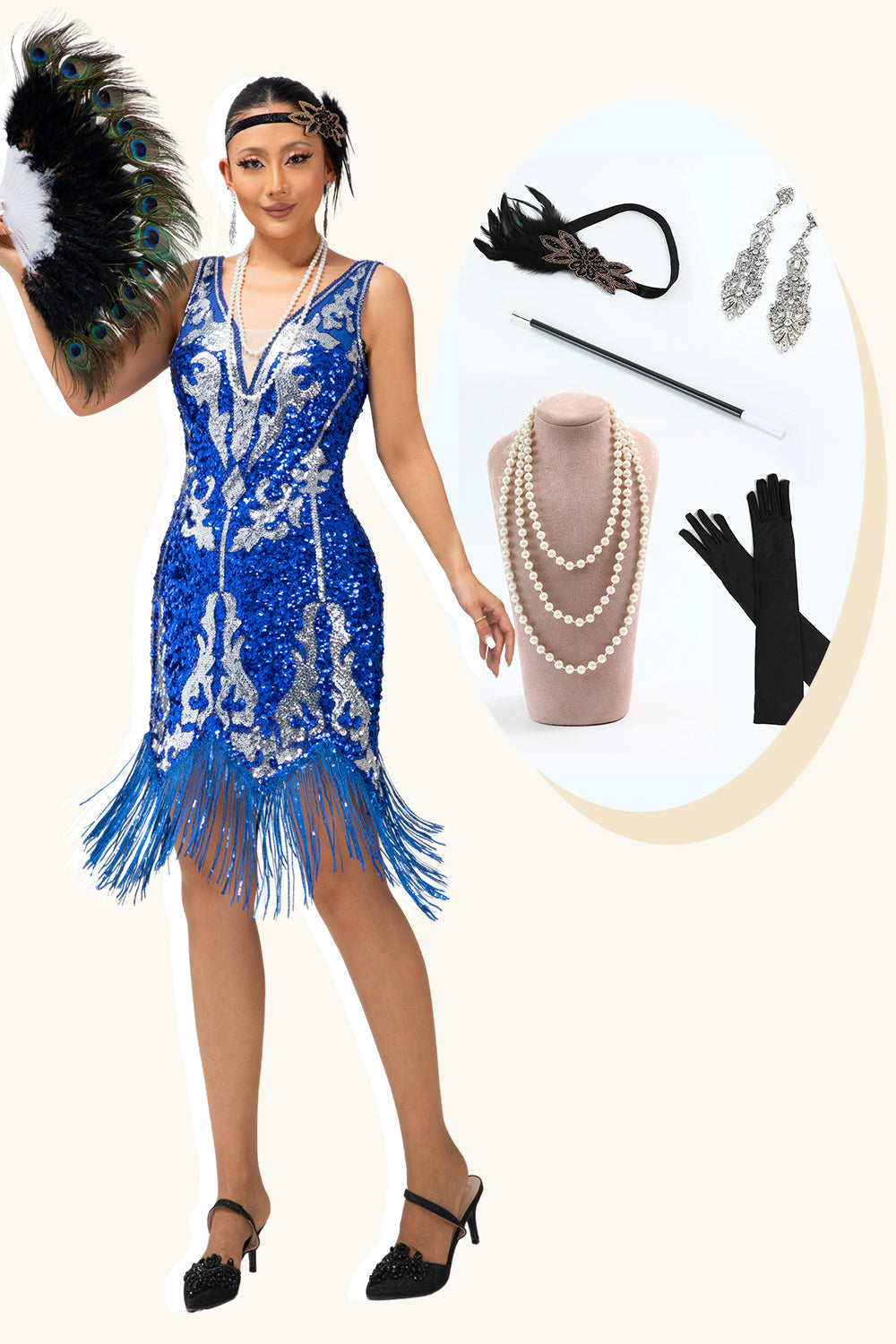 Sparkly Royal Blue Sequins Fringe 1920s Dress with 5-Piece Accessories Set