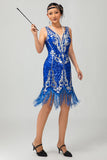 Sparkly Royal Blue Sequins Fringe 1920s Dress with 5-Piece Accessories Set