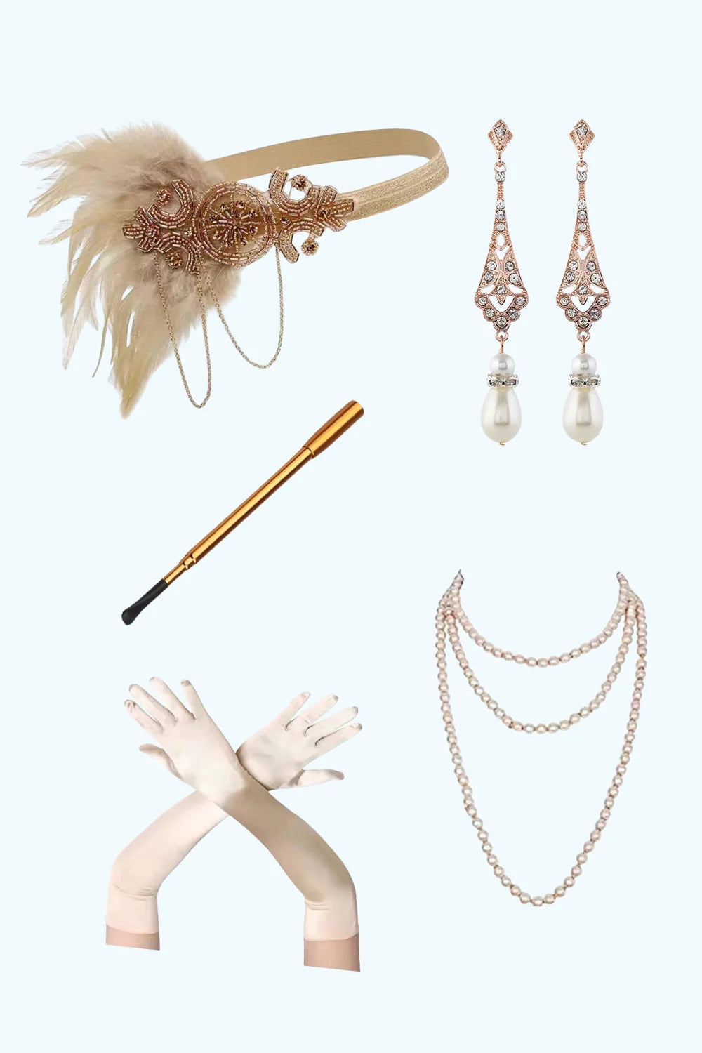 Champagne Appliques Fringe 1920s Dress with 5-Piece Accessories Set