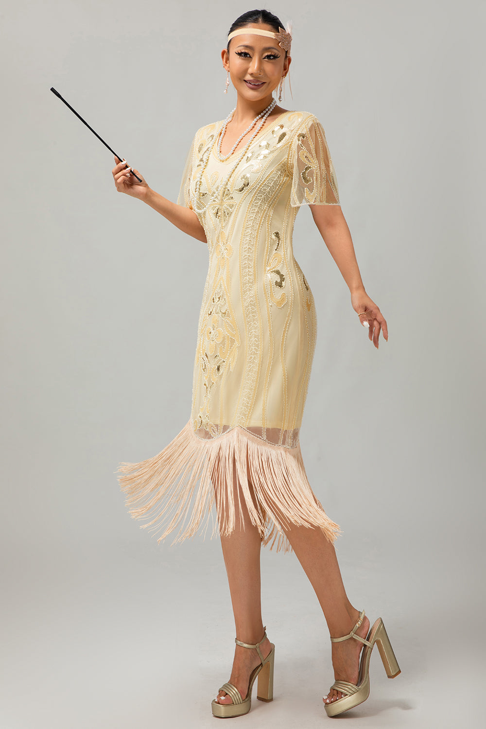Champagne Appliques Fringe 1920s Dress with 5-Piece Accessories Set