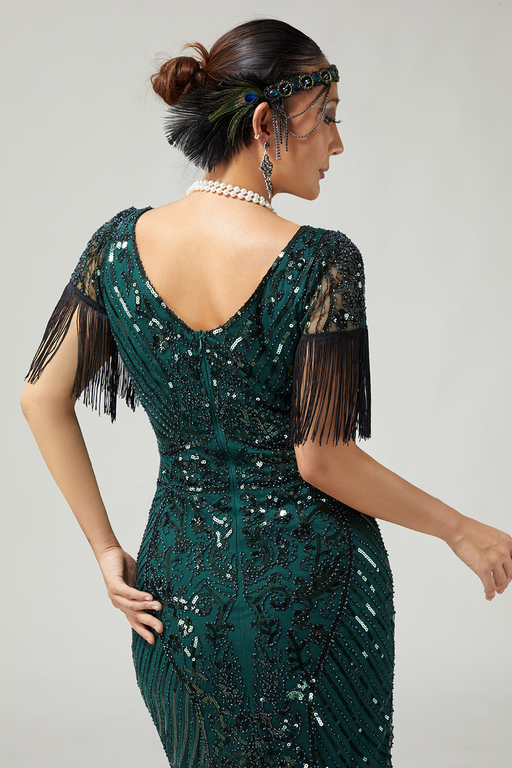 Dark Green Sequin Fringed Bodycon 1920s Dress with 5-Piece Accessories Set