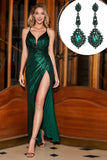Sparkly Dark Green Spaghetti Straps Long Ball Prom Dress With Accessory