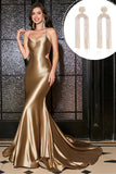 Mermaid Golden Spaghetti Straps Ball Prom Dress with Accessory