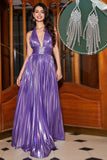 Sparkly Halter Pleated Purple Ball Prom Dress with Accessory