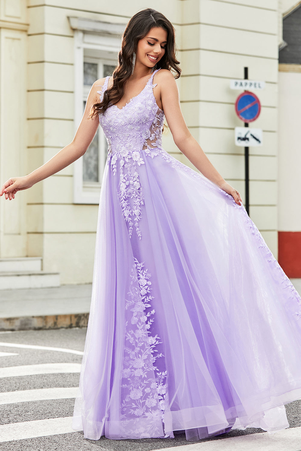 Lilac A Line Appliques Long Ball Prom Dress with Accessory
