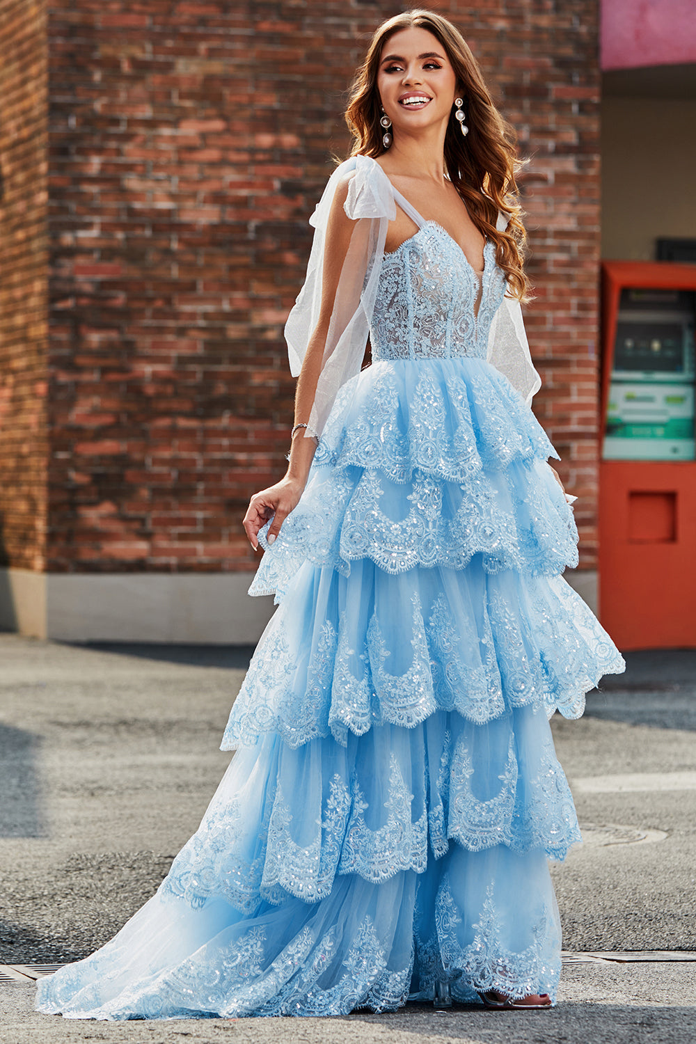 Tiered Tulle Sweetheart Bow Tie Straps Sequin Ball Dress with Accessory