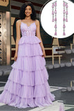 Purple Princess A Line Tiered Corset Ball Dress with Accessory