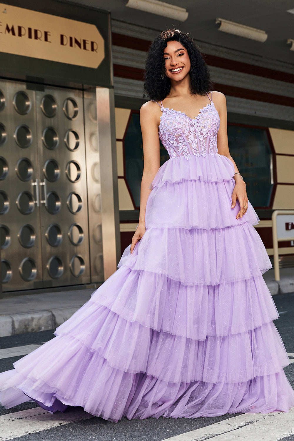Purple Princess A Line Tiered Corset Ball Dress with Accessory