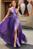 Stunning A Line Halter Neck Purple Long Ball Dress with Accessory