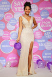 Sheath Deep V Neck Champagne Sequins Long Ball Dress with Split Front