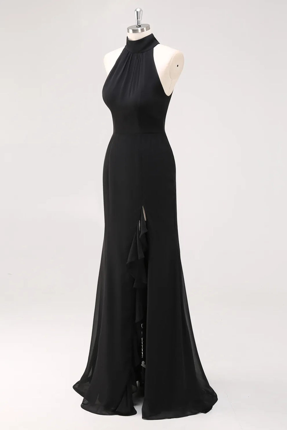 Black Halter Neck Ruffles Mermaid Long Formal Dress