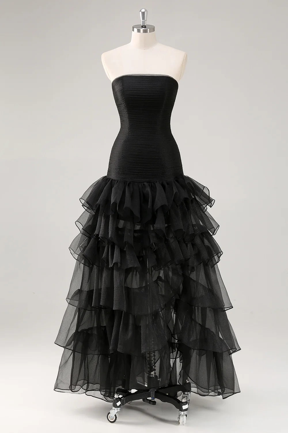 Strapless Black Tiered Ruffles Tulle Formal Dress