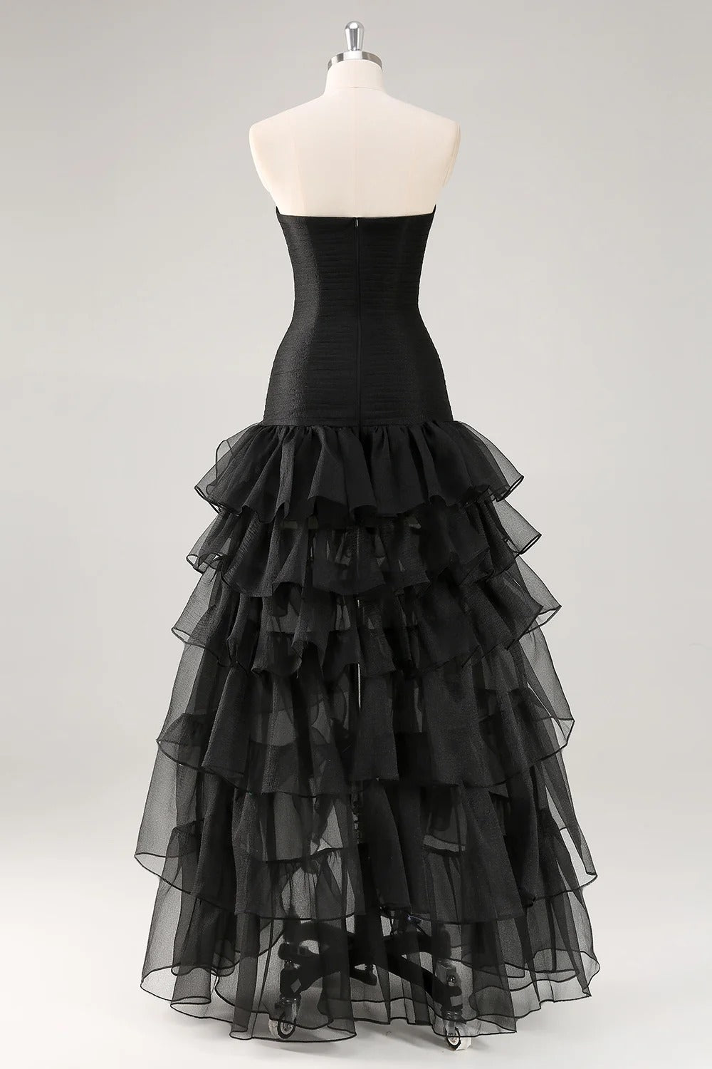 Strapless Black Tiered Ruffles Tulle Formal Dress