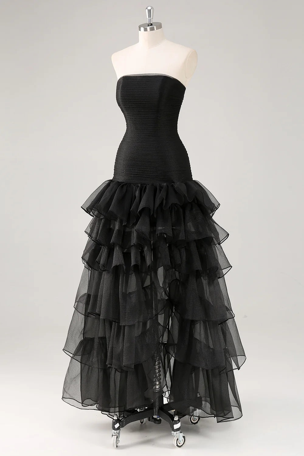 Strapless Black Tiered Ruffles Tulle Formal Dress