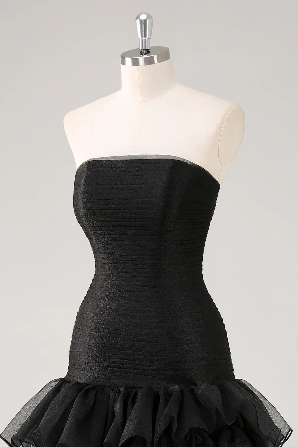 Strapless Black Tiered Ruffles Tulle Formal Dress