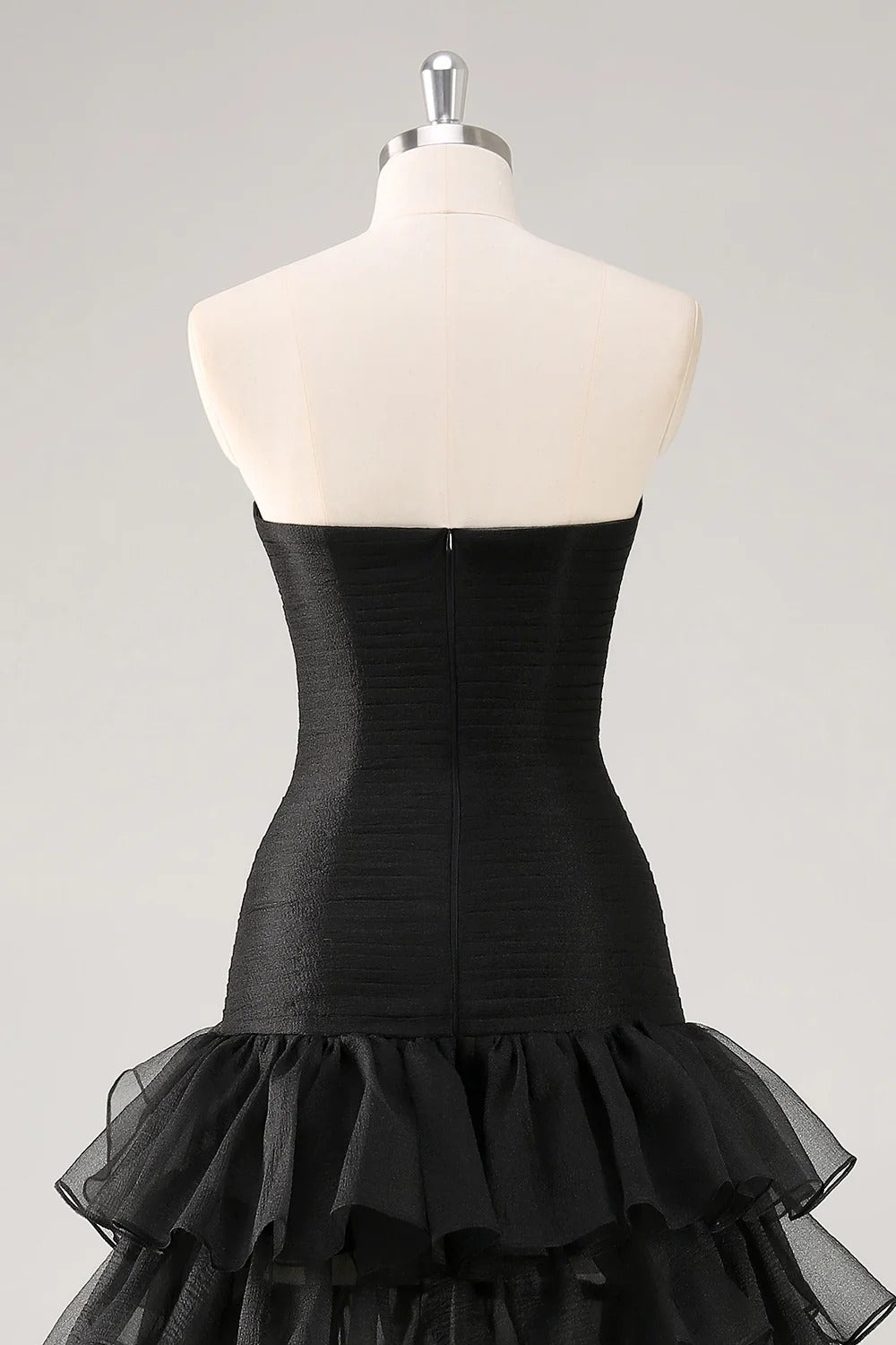 Strapless Black Tiered Ruffles Tulle Formal Dress