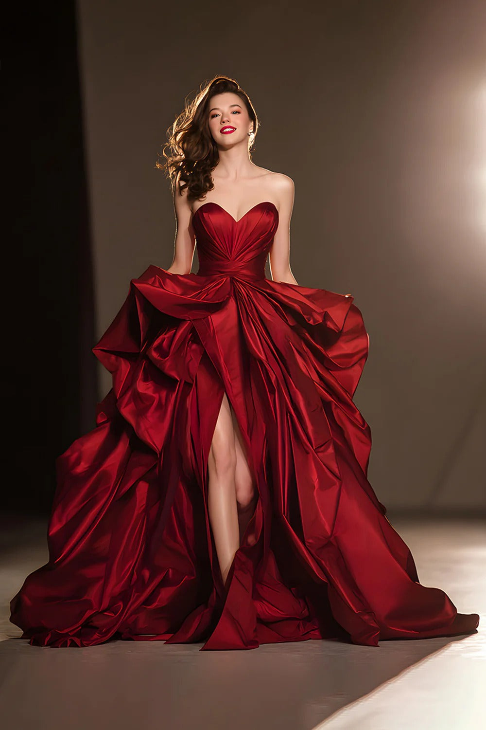 A Line Sweetheart Dark Red Ruffle Pageant Dress with Slit