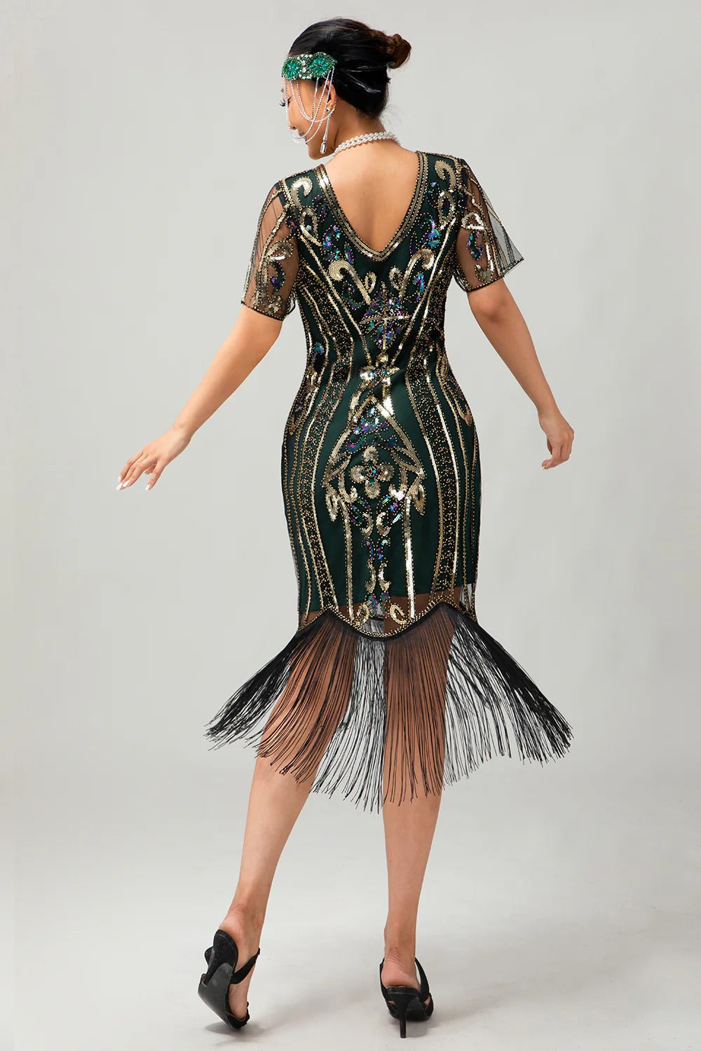 Sparkly Flapper Black Golden Sequin Bodycon Fringed 1920s Dress