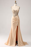 Elegant Champagne Mermaid Pleated Satin Ball Dress With Appliques