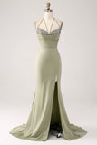 Sheath Pistachio V-Neck Beaded Long Ball Dress With Slit