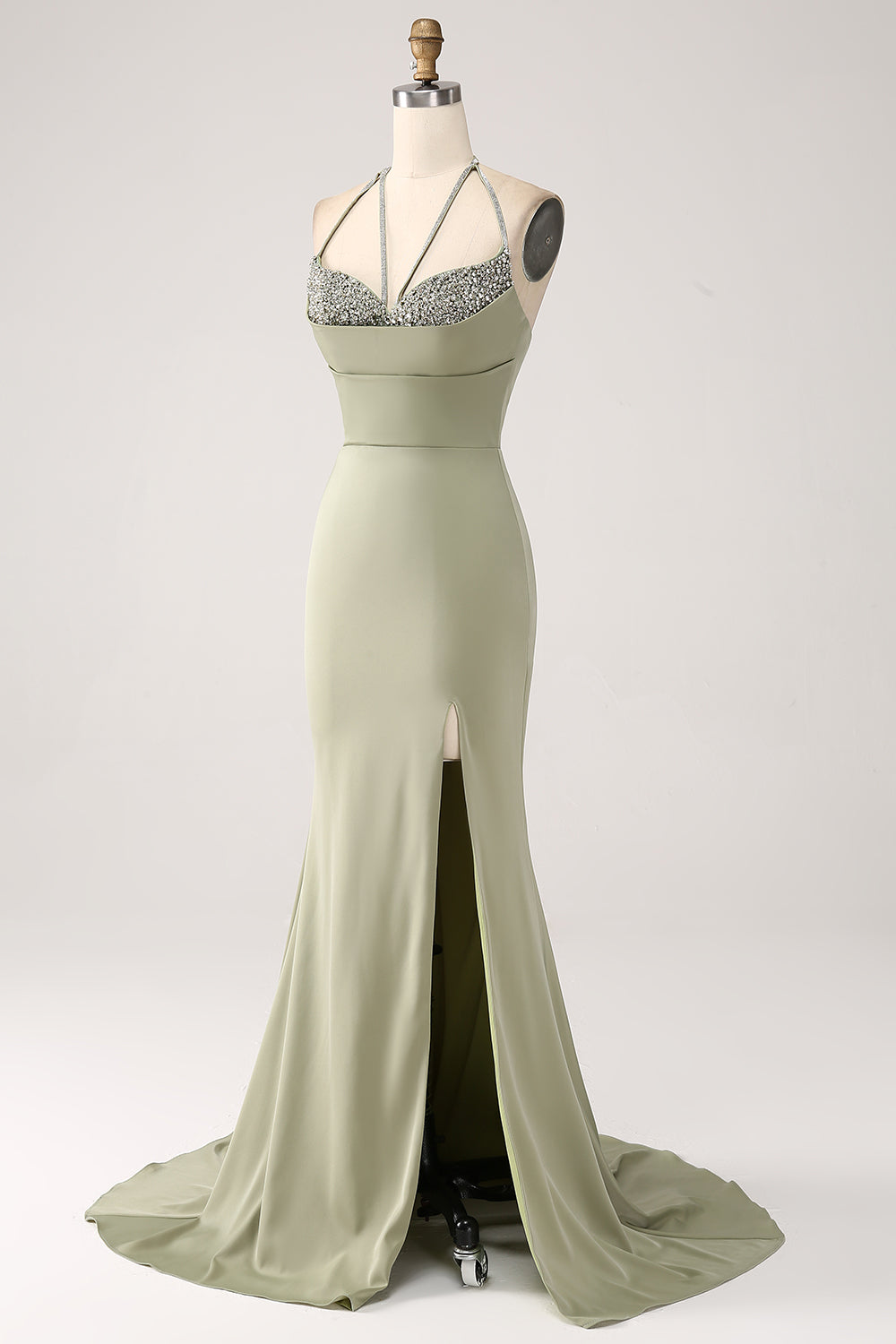 Sheath Pistachio V-Neck Beaded Long Ball Dress With Slit