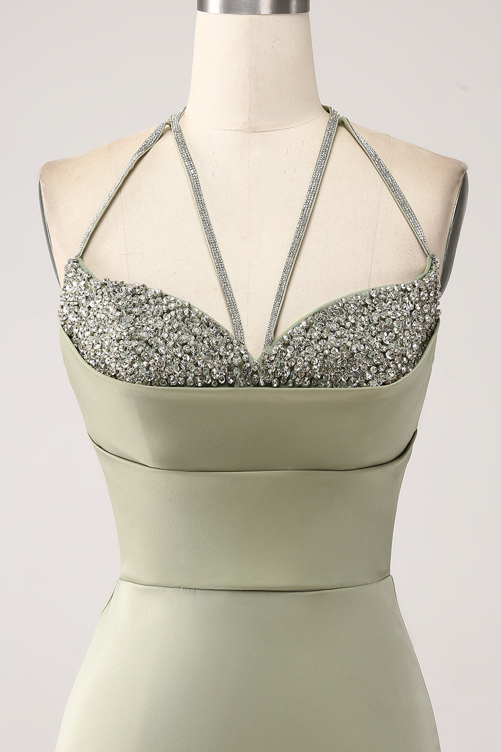 Sheath Pistachio V-Neck Beaded Long Ball Dress With Slit