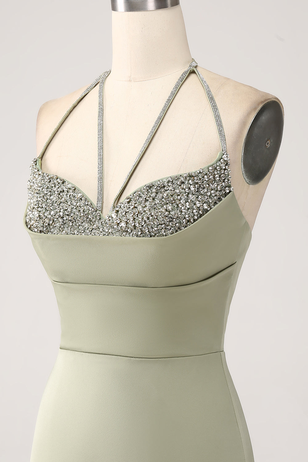 Sheath Pistachio V-Neck Beaded Long Ball Dress With Slit