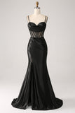 Mermaid Sweetheart Black Satin Long Ball Dress With Beading