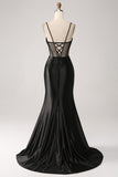 Mermaid Sweetheart Black Satin Long Ball Dress With Beading