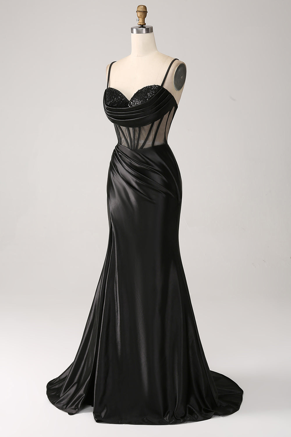 Mermaid Sweetheart Black Satin Long Ball Dress With Beading