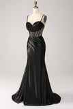 Mermaid Sweetheart Black Satin Long Ball Dress With Beading