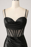 Mermaid Sweetheart Black Satin Long Ball Dress With Beading