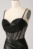 Mermaid Sweetheart Black Satin Long Ball Dress With Beading