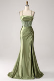 Army Green Mermaid Cowl Neckline Sequin Long Ball Dress With Slit