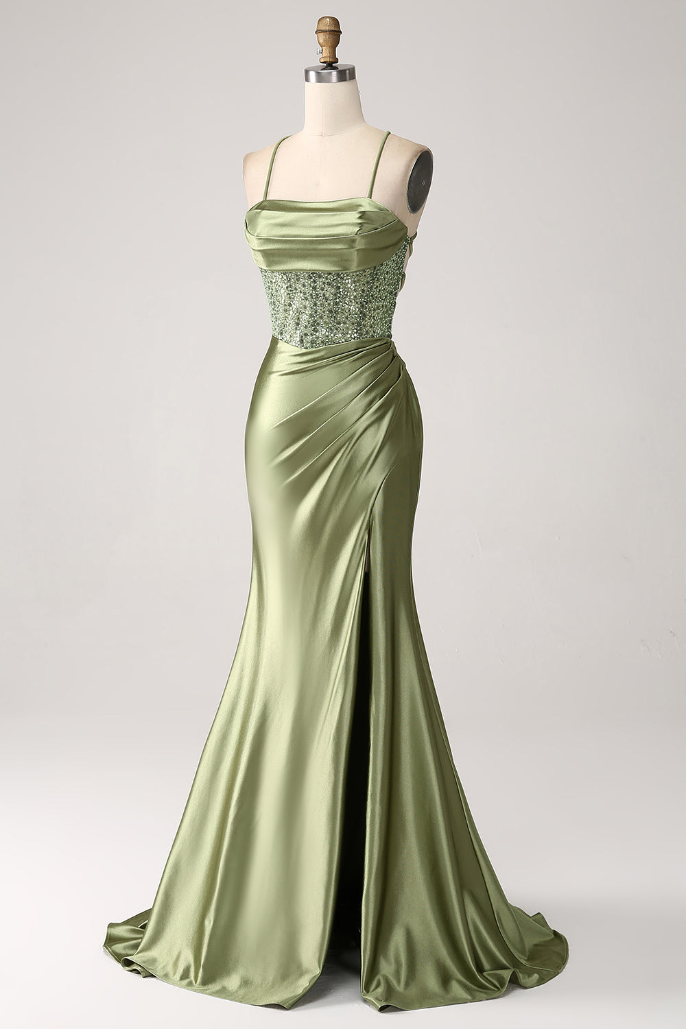 Army Green Mermaid Cowl Neckline Sequin Long Ball Dress With Slit
