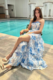 Blue White Flower A-Line Sweetheart Tiered Long Prom Dress with Slit