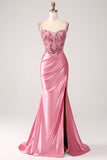 Pink Mermaid Spaghetti Straps Sequin Corset Ball Dress with Slit