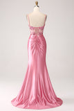 Pink Mermaid Spaghetti Straps Sequin Corset Ball Dress with Slit