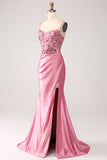 Pink Mermaid Spaghetti Straps Sequin Corset Ball Dress with Slit