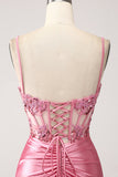Pink Mermaid Spaghetti Straps Sequin Corset Ball Dress with Slit