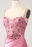Pink Mermaid Spaghetti Straps Sequin Corset Ball Dress with Slit