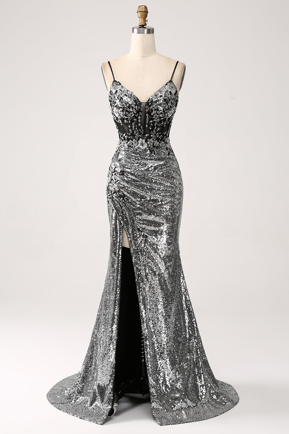 Black Sparkly Mermaid Spaghetti Straps Corset Ball Dress with Slit